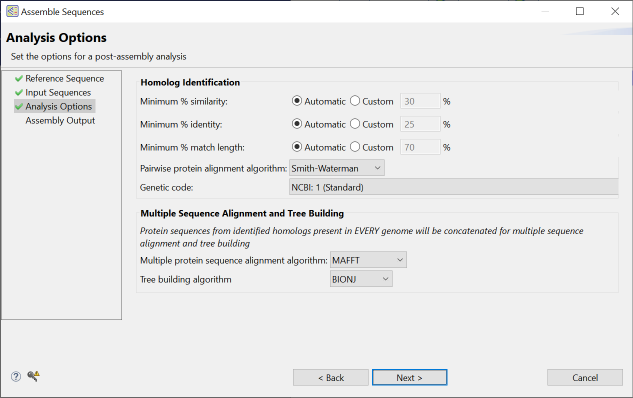 2023-12-27_15-59-00 Figure 3: This screen allows you to change thresholds for homolog identification and choose your preferred sequence alignment and tree building algorithms.